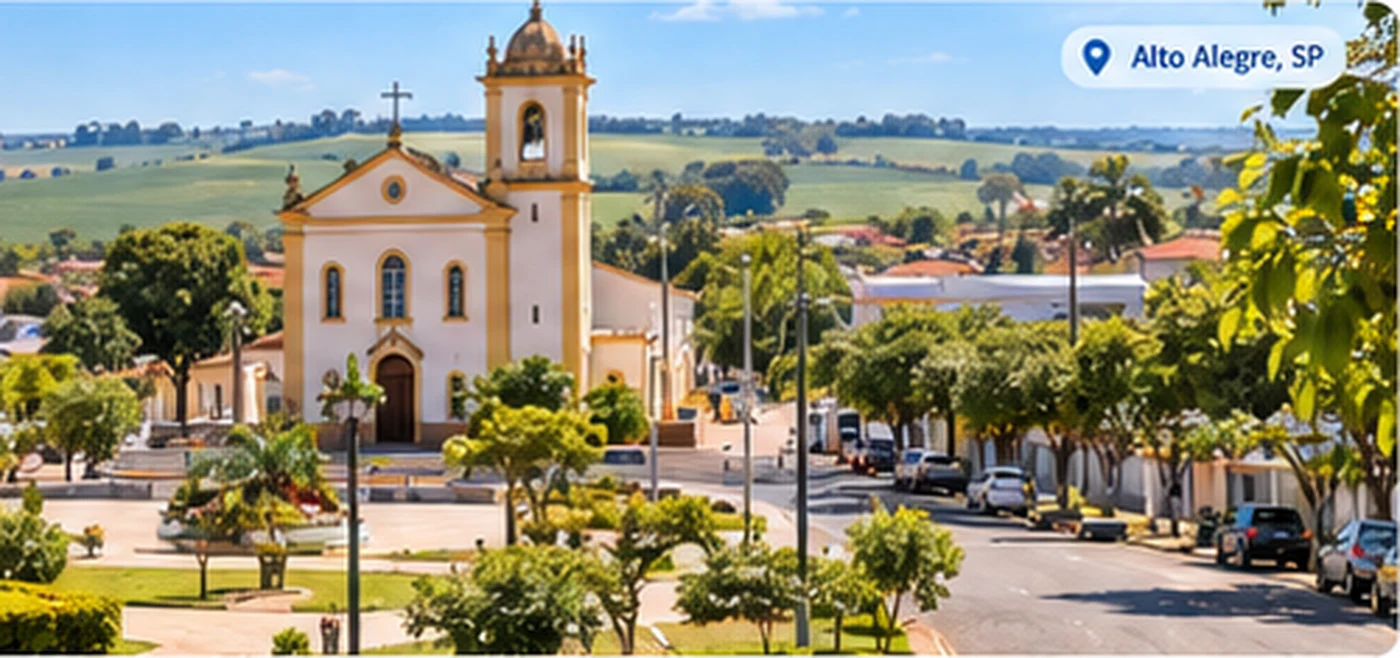 Vista de Alto Alegre com a igreja matriz e a praça arborizada